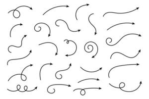 ensemble de flèches courbes vectorielles dessinées à la main. croquis de style de griffonnage. collection de pointeurs. vecteur
