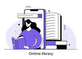 en ligne bibliothèque concept plat illustration, médias livre bibliothèque, femelle personnage en train de lire livres, en ligne livre magasin, lecteur application, éducation, numérique étagère à livres, diplômé en ligne écoles vecteur