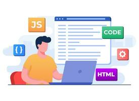 la toile développeur câblage code ou programme en utilisant ordinateur portable, ordinateur la programmation, Java, html symboles, la toile conception, logiciel, application conception, programmation langues, développement, site Internet vecteur