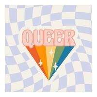 fierté mois carré cartes avec arc-en-ciel, lgbtq symboles, phrases et slogans. ensemble de queer social médias Publier avec déformé damier sur Contexte. lgbt bannière dans rétro sensationnel Années 60 Années 70 style. vecteur. vecteur