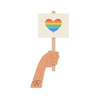 une la personne en portant lgtb arc en ciel drapeau. élément pour fierté mois fête. symboles pour lgtbq parade. icône ou autocollant isolé sur blanc Contexte. vecteur plat dessin animé illustration.