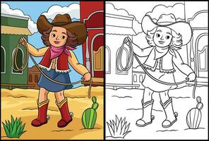 cow-boy fille avec une corde coloration page illustration vecteur