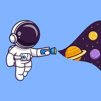 mignonne astronaute avec lampe de poche dans espace dessin animé vecteur icône illustration. science La technologie icône concept isolé prime vecteur. plat dessin animé style
