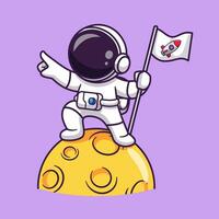 mignonne astronaute en portant drapeau sur lune dessin animé vecteur icône illustration. science La technologie icône concept isolé prime vecteur. plat dessin animé style
