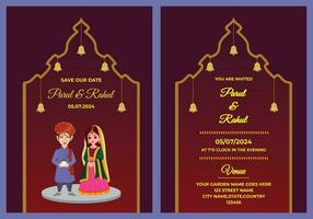 Indien mariage invitation carte modèle disposition avec hindou couple et un événement détails vecteur