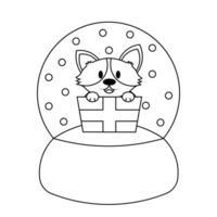 neige globe avec mignonne chien corgi dans cadeau boîte dans noir et blanc vecteur