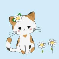 mignonne chat printemps avec fleur. kawaii animaux chaton isolé sur bleu Contexte vecteur