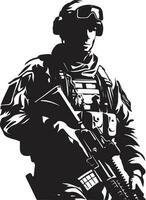 militant précision armé les forces noir logo conception tactique défenseur soldat icône dans noir vecteur