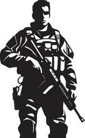 stratégique Gardien armé soldat emblème conception défensive valeur noir logo icône de un soldat vecteur