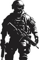 défenseur s résoudre armé homme noir emblème stratégique défenseur noir vecteur soldat logo