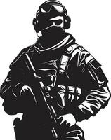 stratégique Gardien armé soldat emblème conception défensive valeur noir logo icône de un soldat vecteur