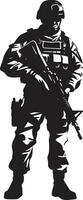 bataille prêt sentinelle armé soldat vecteur emblème combat vigilance noir logo icône de un armé soldat
