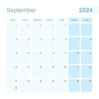 2024 septembre mur planificateur dans bleu pastel couleur, la semaine départs sur lundi. vecteur