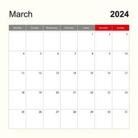 mur calendrier modèle pour Mars 2024. vacances et un événement planificateur, la semaine départs sur lundi. vecteur