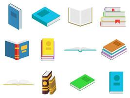coloré livres Icônes ensemble dans plat conception style. livres dans une empiler, ouvrir, dans une groupe, fermé. en lisant, apprendre et recevoir éducation par livres. vecteur illustration