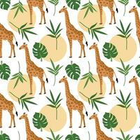 sans couture girafe modèle. monstera et paume feuilles, soleil, girafe. savane sauvage la vie pour votre conception. vecteur