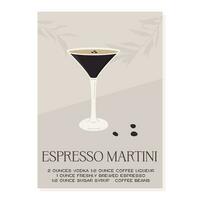 Expresso martini cocktail dans verre garni avec café haricots. rétro impression avec recette de apéritif. mur art affiche avec alcoolique boisson et arbre branche ombres sur Contexte. vecteur illustration.