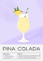 pina colada tropical cocktail mélangé avec glace. été apéritif avec rhum, noix de coco Lait et ananas jus. minimaliste branché recette impression avec alcoolique boisson. vecteur plat style illustration.