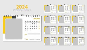 Voyage bureau calendrier 2024 planificateur et entreprise conception modèle ensemble, annuel calendrier 2024 pour 12 mois, la semaine départs lundi, abstrait Jaune pente Couleur forme avec vecteur mise en page, impression et carte