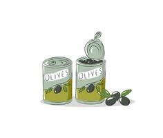 en conserve noir Olives dans une étain contour avec une branche de Olives vecteur illustration. noir Olives dans fermé et ouvert canettes. mariné ou mariné noir Olives avec pierre dans une étain peut.