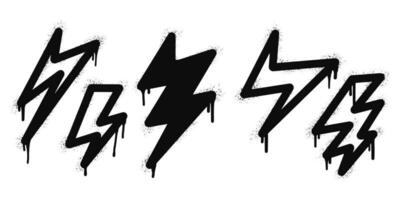 graffiti peint à la bombe éclair électrique, éclair en noir sur blanc. gouttes de symbole de boulon de tonnerre pulvérisé. isolé sur fond blanc. illustration vectorielle vecteur