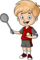 mignonne peu garçon dessin animé en jouant tennis vecteur