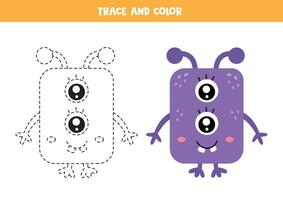 trace et Couleur mignonne dessin animé violet monstre. feuille de travail pour les enfants. vecteur