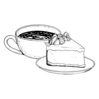 chaud café tasse avec cappuccino et fraise cheesecake dessert vecteur noir et blanc illustration pour les menus et prospectus