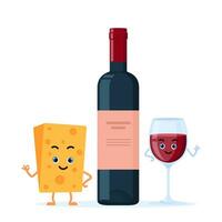 souriant fromage et verre de rouge vin, mignonne marrant personnages. bouteille de rouge du vin entre eux. nourriture et boisson concept. vecteur illustration.