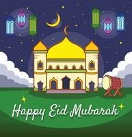 content eid mubarak salutation vecteur illustration avec coloré lanternes affiche ou bannière conception isolé sur foncé nuit ciel avec lune et des nuages décorations. Facile plat décrit dessin animé stylé dessin.