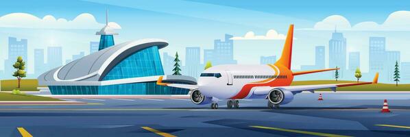 international aéroport bâtiment avec avion et ville paysage Contexte vecteur dessin animé illustration