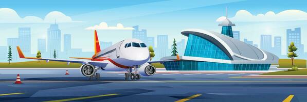 international aéroport bâtiment avec avion, Terminal, portail, piste et ville paysage. vecteur dessin animé illustration