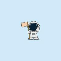 mignonne astronaute avec drapeau agitant main dessin animé, vecteur illustration