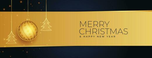 joyeux Noël d'or large bannière avec des balles et des arbres vecteur