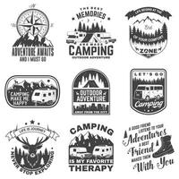 ensemble de camping insignes, patchs. camping Devis. vecteur. concept pour chemise ou logo, imprimer, timbre ou tee. ancien typographie conception avec camping-car, moteur maison, camping bande annonce silhouette. vecteur