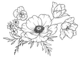 printemps fleurs ligne dessin. noir et blanc floral bouquets. fleur coloration page. floral ligne art. bien ligne fleurs illustration. main tiré fleurs. botanique coloration. mariage invitation fleurs vecteur