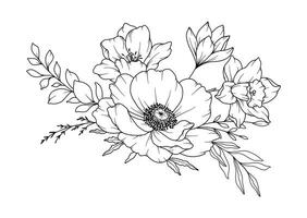 printemps fleurs ligne dessin. noir et blanc floral bouquets. fleur coloration page. floral ligne art. bien ligne fleurs illustration. main tiré fleurs. botanique coloration. mariage invitation fleurs vecteur