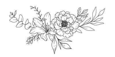 pivoine ligne dessin. noir et blanc floral bouquets. fleur coloration page. floral ligne art. bien ligne pivoine illustration. main tiré fleurs. botanique coloration. mariage invitation fleurs vecteur