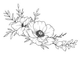 printemps fleurs ligne dessin. noir et blanc floral bouquets. fleur coloration page. floral ligne art. bien ligne fleurs illustration. main tiré fleurs. botanique coloration. mariage invitation fleurs vecteur