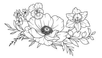 printemps fleurs ligne dessin. noir et blanc floral bouquets. fleur coloration page. floral ligne art. bien ligne fleurs illustration. main tiré fleurs. botanique coloration. mariage invitation fleurs vecteur