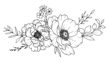 printemps fleurs ligne dessin. noir et blanc floral bouquets. fleur coloration page. floral ligne art. bien ligne fleurs illustration. main tiré fleurs. botanique coloration. mariage invitation fleurs vecteur