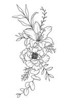 pivoine ligne dessin. noir et blanc floral bouquets. fleur coloration page. floral ligne art. bien ligne pivoine illustration. main tiré fleurs. botanique coloration. mariage invitation fleurs vecteur