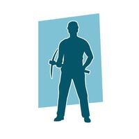 silhouette de une homme dans ouvrier costume porter choisir hache outil dans action pose. vecteur