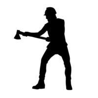 silhouette de une ouvrier dans action pose en utilisant le sien hache outil. vecteur