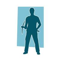 silhouette de une homme dans ouvrier costume porter choisir hache outil dans action pose. vecteur