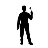 silhouette de une ouvrier dans action pose en utilisant le sien une luge marteau outil. vecteur