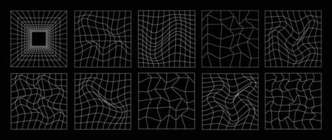 collection de futuriste cyberpunk style éléments. géométrique filaire de carré, Distorsion, la grille avec blanc couleur. rétro graphique sur noir Contexte pour décoration, entreprise, couverture, affiche. vecteur