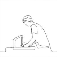 homme lavages vaisselle dans le évier avec le sien mains. un ligne dessin une homme des stands à un ouvert robinet avec l'eau et lavages le vaisselle dans le couler. vecteur