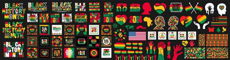 gros méga paquet ensemble de africain américain histoire ou noir histoire mois éléments. aimer, bannière, social médias Publier bannière, carte, drapeau, texte, africain homme, typographie, main soulevé, le 19 juin, kwanzaa. vecteur