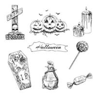 un ensemble d'éléments dessinés à la main pour halloween. potion magique, pierre tombale, cercueil, bougies, citrouilles, bonbons, sucette. illustration vectorielle vintage. dessin avec un stylo à encre. vecteur